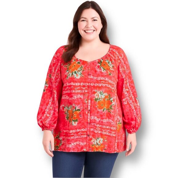 Lauren Conrad 3X Red Floral Peasant Blouse Cotton Rayon Scoop Neck Button Front - Picture 1 of 9